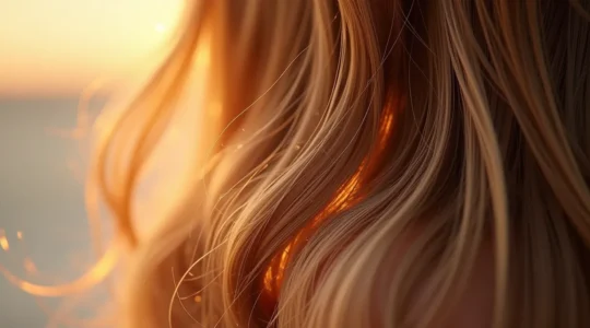 Cheveux brillants, sains et naturels avec une lumière douce et un fond épuré, sans aucun texte, logo ou élément d'interface