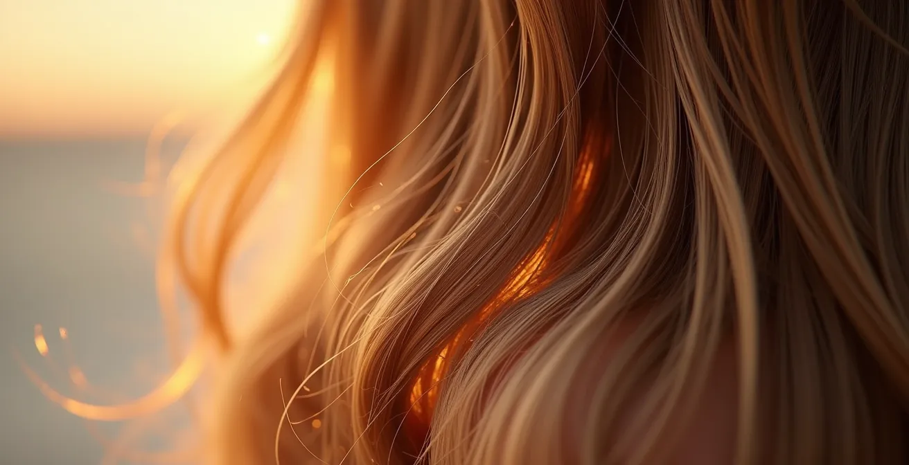 Cheveux brillants, sains et naturels avec une lumière douce et un fond épuré, sans aucun texte, logo ou élément d'interface
