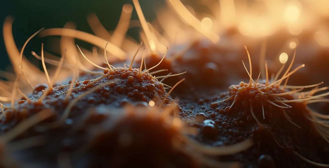 Détail macro d'une fibre capillaire avec cuticules rugueuses sous lumière douce