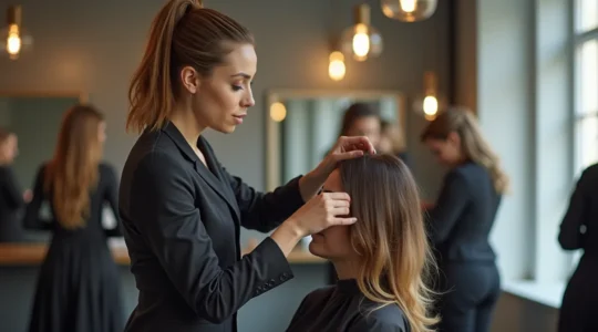 Portrait photo-réaliste d'un coiffeur-visagiste professionnel dans un salon élégant avec une composition équilibrée et un éclairage naturel cinématographique