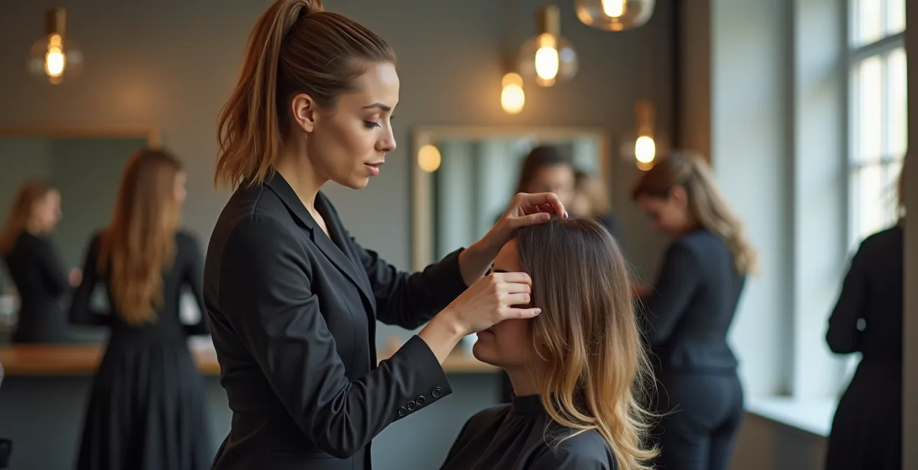 Portrait photo-réaliste d'un coiffeur-visagiste professionnel dans un salon élégant avec une composition équilibrée et un éclairage naturel cinématographique