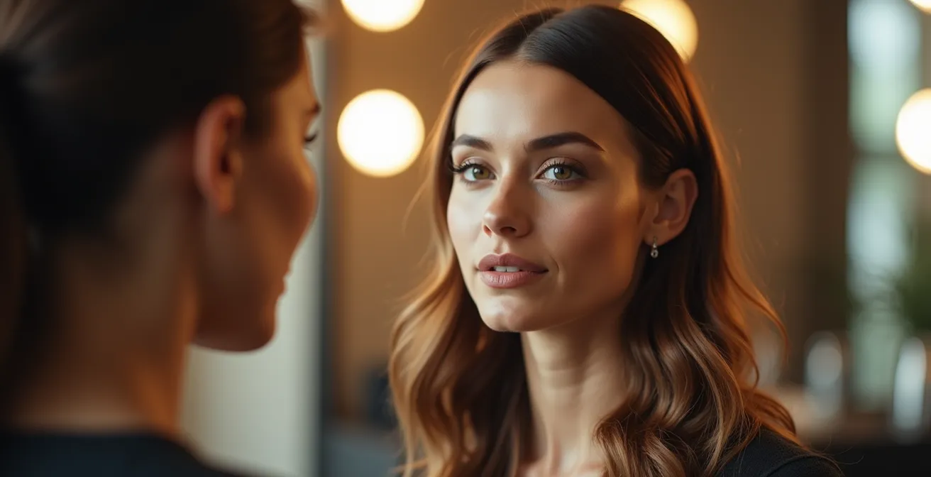 Close-up d'une coiffeuse en consultation personnalisée avec cliente, ambiance chaleureuse et expression empathique