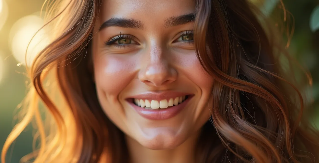 Portrait réaliste d'une femme manifestant confiance et sérénité après une coupe réussie, avec un éclairage cinématographique doux
