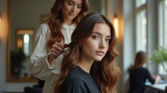 Photo réaliste d'une élégante coiffeuse professionnelle en salon chic à Paris, fond épuré avec espace négatif