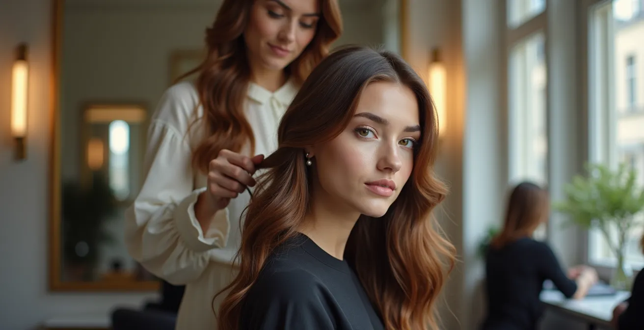 Photo réaliste d'une élégante coiffeuse professionnelle en salon chic à Paris, fond épuré avec espace négatif
