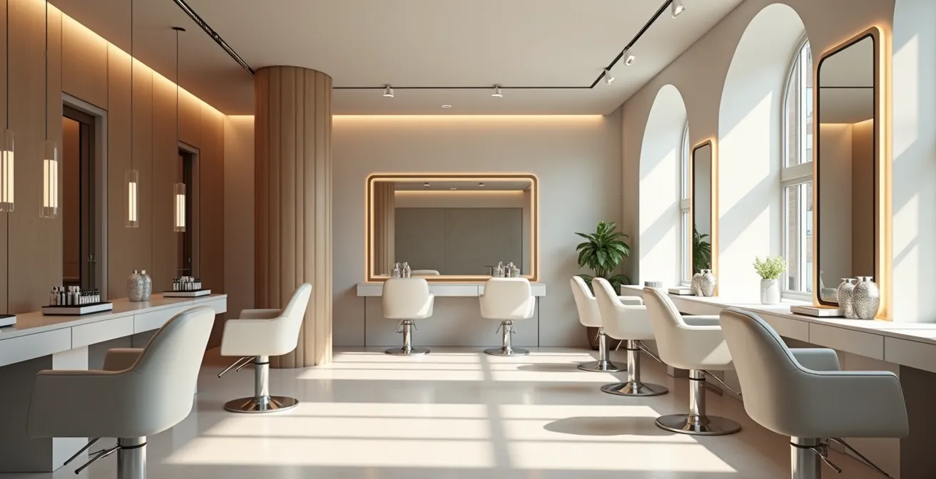 Vue large d'un espace salon de coiffure moderne à Paris avec ambiance épurée et lumière naturelle