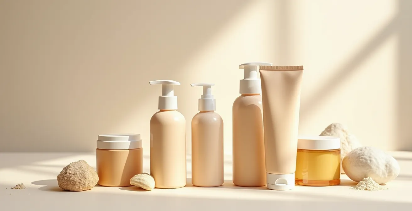 Composition minimaliste de produits capillaires naturels sur fond clair avec lumière douce