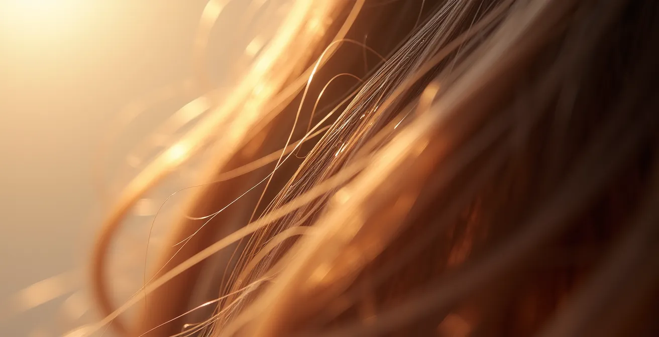 Macro texture d'une chevelure saine, avec lumière cinématographique soulignant la brillance et la douceur