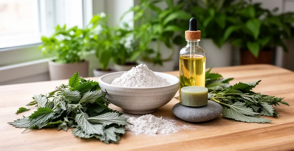 Ingrédients naturels antipelliculaires disposés sur plan de travail en bois