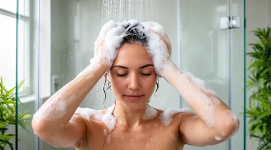 Femme massant son cuir chevelu sous la douche avec mousse abondante