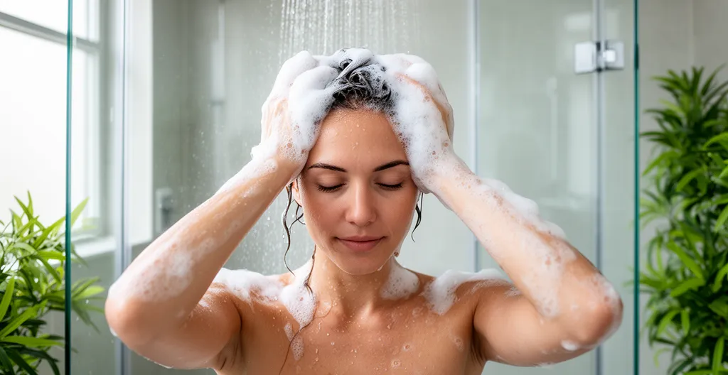 Femme massant son cuir chevelu sous la douche avec mousse abondante